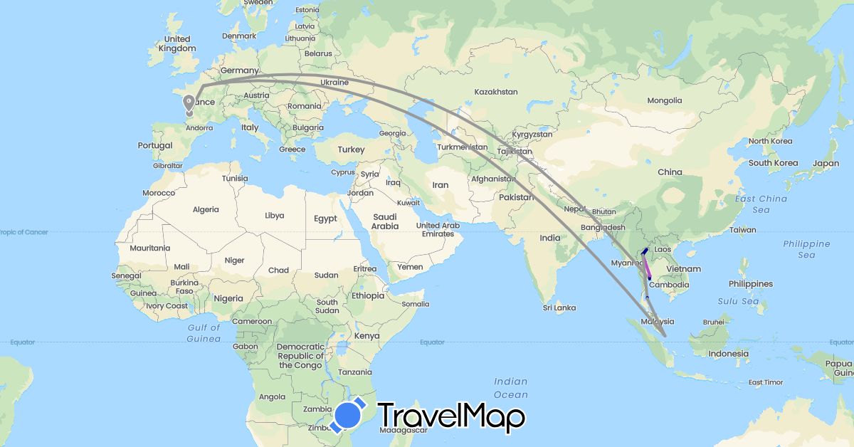 TravelMap itinerary: driving, plane, train, boat in France, Singapore, Thailand (Asia, Europe)