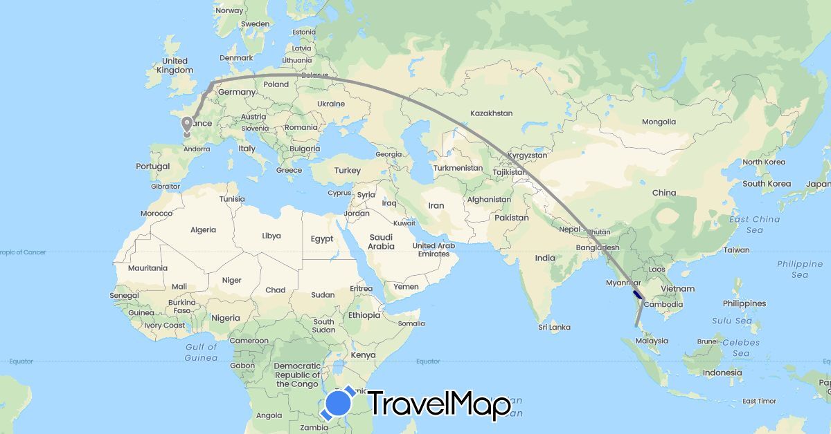 TravelMap itinerary: driving, plane, cycling, hiking, boat in France, Netherlands, Thailand (Asia, Europe)